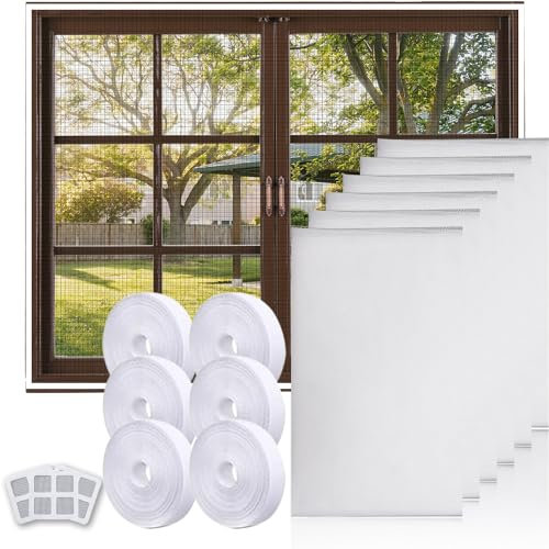 YongSral 6 Pcs Moustiquaire Fenetre, 150x130cm Toile Moustiquaire Découpable, Moustiquaire Fenetre Sans Percage avec 6 Rubans Autocollants et 3 Patchs pour Fenêtres, Filet Écran Insecte (Blanc)