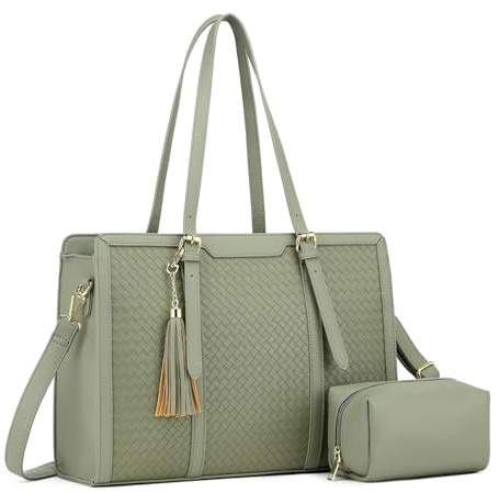 Laptop Tote Bag for Women fits 15.6 Laptop, PU Leather Work Tote bags for Women Large Computer (Green)