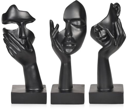 Hnonoxy 3-teilige Abstrakte Kunstfiguren Skulptur, Kreative Frauen Gesicht Statue, Denker Skulptur aus Kunstharz, Gesicht Kunst Statue, Moderne Kunst Dekor, für Wohnzimmer, Bücherregal, Büro, Schwarz