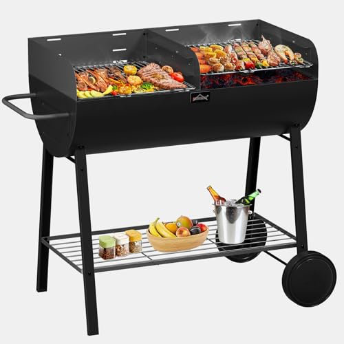 HOMELUX Barbecue au charbon de bois XXL - Deux zones de cuisson de 41 x 36 cm - En acier laminé à froid avec étagère, surfaces de cuisson et roues - Grande grille de cuisson réglable en hauteur sur 3