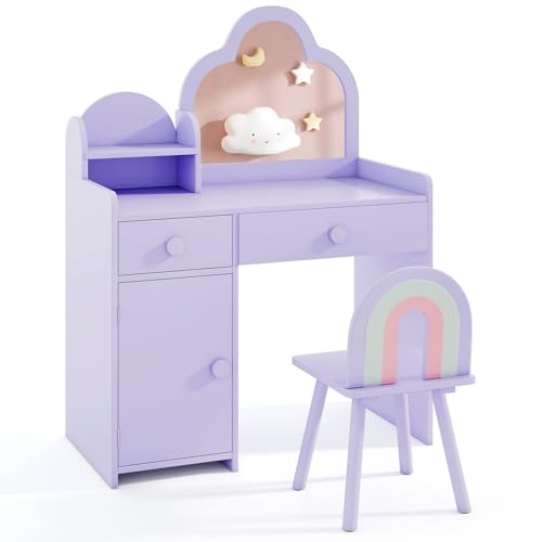 Maxmass 2 in 1 Kids Dressing Table and Chair, Wooden Children Vanity Table with Stool, Storage Shelf, Cabinet, 2 Drawers, Primness Girls Make up Desk Set for 3-7 Years Old (Purple)