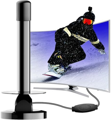 Antenne TV Intérieure avec Amplificateur et Base Magnétique – Réception 360° Jusqu’à 250 km, Compatible DVB-T/T2, Support 4K/1080p HD, pour Smart TV, Câble Coaxial 5 m