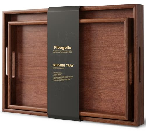 Fibogollo Bamboo Set of 2 Serving Tray with Handles,Decorative Trays Platter,Breakfast Tray in Bed,Food Drinks Tray for Eating,Working,Storing(Brown)