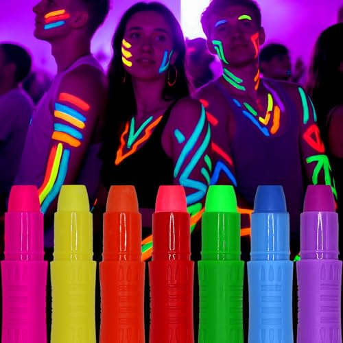 7 Colors Face Body Paint Sticks, Glow in The Dark Under Black Light, Washable Halloween Makeup Neon Face Painting Kits for Adult Festival Accessory Glow Party Supplies