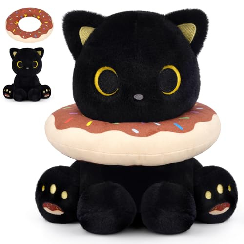 MUFEIRUO Svart katt mjuk leksak med donut-halsband, katt plysch mjuk leksak gosedjur, present till födelsedag, halloween, jul