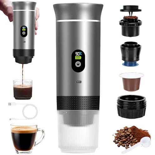 3-In-1 Electric Portable Coffee Maker, 20 Bar Portable Espresso Maker, Portable Coffee Machine, Self-Heating, Compatible with Small & Large Capsules, Ground Coffee, for Camping, Office, Home, Car