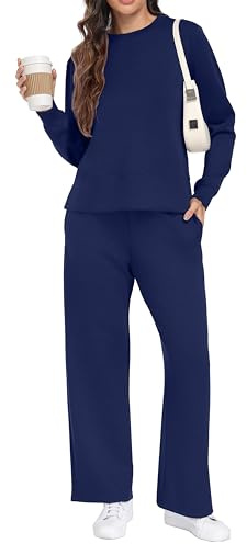 GRECERELLE - Tuta da donna in due pezzi, tuta da jogging, tuta da allenamento, outfit autunnali, tuta da jogging a maniche lunghe, top casual a girocollo e pantaloni da allenamento con tasche, Blu