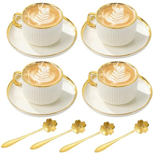 Cappuccino Cups Set of 4, 7oz Espresso Cups Set with Saucers and Spoons, Gold Trim Ceramic Coffee Tea Cups for Latte, Mocha, Au Lait, Dishwasher & Microwave Safe, Art Deco (Gold Striped/200ml)