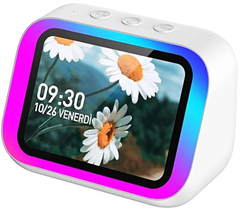 Altavoz Bluetooth con pantalla de 4 pulgadas – Smart Speaker con asistente de voz, llamadas, música, tiempo, calendario, despertador, reloj mundial, efectos de luz, búsqueda de teléfono, cámara remota