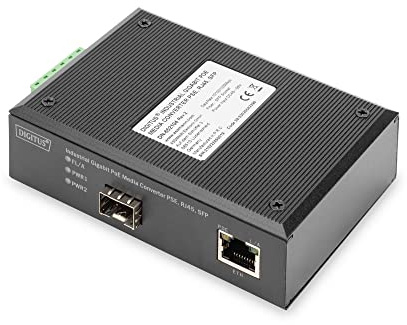DIGITUS DIN-Rail Medienkonverter - SFP Port - Gbit Ethernet - RJ45 / SFP 1000Base-X - Mit PoE-Injektor - Schwarz