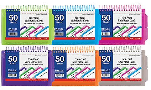 BAZIC Products Ruled Index Cards Book 3 X 5, View Poly Cover Spiral Bound Memo w/ 2 Tab Divider, White Flashcards, Lined Card for Memory (50/Pack), 6-Packs