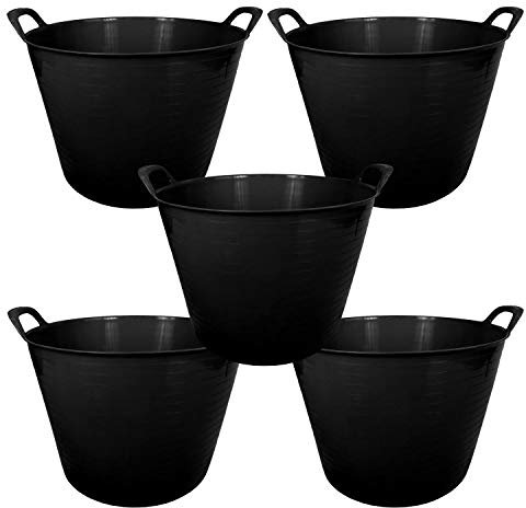 42L 42 Litre Large Eco-Friendly Recycled Flexi Tub - Black - Multi Purpose Robust Flexible Storage Container Bucket, Set of 5.