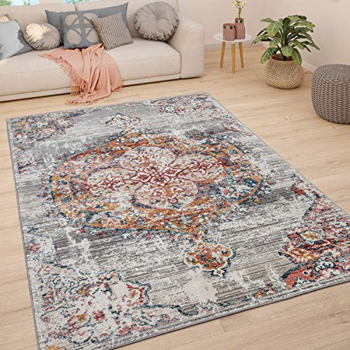 Paco Home Teppich Wohnzimmer Kurzflor Schlafzimmer Moderne Vintage Orient Ornament Muster Pastell Bordüre, Grösse:60x100 cm, Farbe:Anthrazit