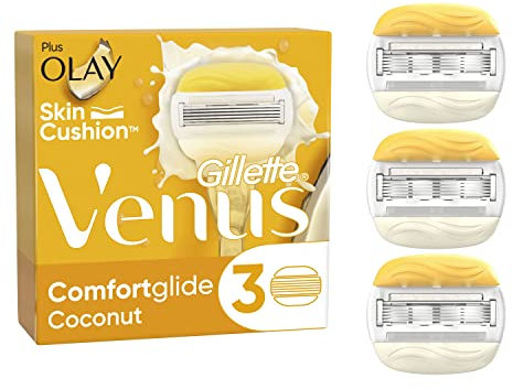 Gillette Venus Pro ComfortGlide Coconut Scented Women’s Blades with Olay Moisturiser, 3 Refill Razor Cartridges, Reusable Metal Handle