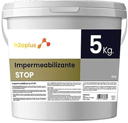 H2OPLUS · Pintura Plástica Impermeabilizante STOP · Pintura Impermeabilizante Terrazas y Azoteas · Producto NATURAL en base Agua · Bloque todo tipo de Filtraciones · 5 Kg GRIS