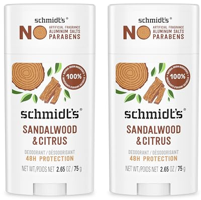 Schmidt's Aluminum-Free Vegan Deodorant Sandalwood & Citrus 2 Count for Women and Men, with 24 Hour Odor Protection, Natural Ingredients, Cruelty-Free, 2.65 oz