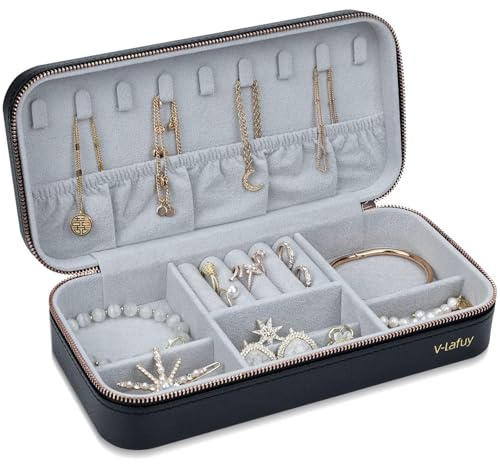 V-LAFUY Travel Jewelry Case Organizer, Portable Jewellery Box for Women Jewelry Travel Organizer for Rings Earrings Necklaces Bracelets Watch, Black C