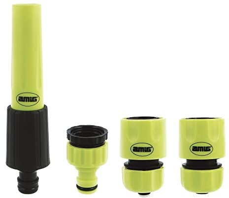 Amig - Kit de Riego - 4 Componentes - 1 Lanza de Riego con Caudal Regulable, 1 Adaptador con Reductor y 2 Empalmes Rápidos de 1/2 y 3/4 con Función Stop - Plástico ABS - Verde Pistacho y Negro