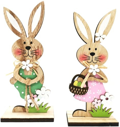 YIEUR 2 figuras grandes de conejos de Pascua, conejos de Pascua con decoración de flores, 19 cm, decoración de Pascua, conejos de Pascua, madera para colocar en exteriores, decoración de mesa, jardín