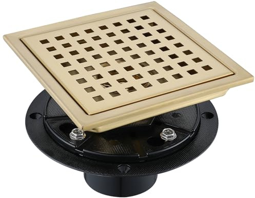 TRJIKAG 4 Inch Square Shower Floor Drain, Stainless Steel Black Shower Drain Kit with Flange, Floor Drain with Removable Grid Cover,Brushed Gold