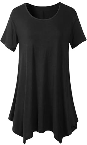 crazy bean Tee Shirt à Manches Courtes pour Femme Col Rond Ete Tunique Longue Grande Taille Vêtements Chic et Elegant Blouse Oversize Détente Classique Ourlet Élastique,Noir,M