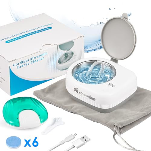 Mxmoonant Kabelloser Zahnspangenreiniger, tragbar 50kHz 80ml 18W 2000mAh mit Aufbewahrungstasche, Zahnspangenetui, Minibürste, 6 Reinigungstabletten | Reisen, Geschäftsreisen