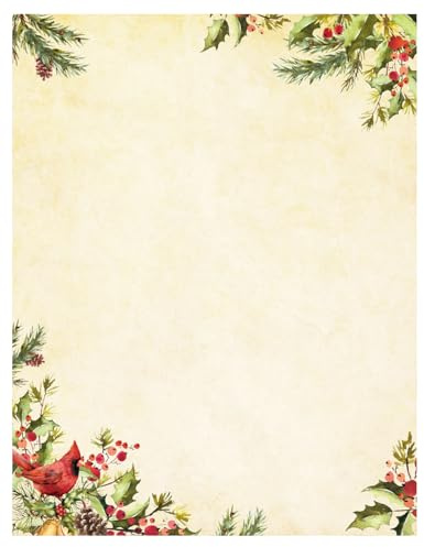 JarThenaAMCS 80 Sheet Christmas Stationery Paper Xmas Cardinal Bird & Holly Letterhead Letter Writing Paper for Holiday Greeting Card Invitation Office Printing, 8.5 x 11 In, Double-Sided