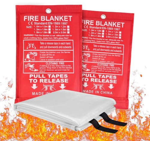 Flintronic Couverture Anti Feu, Lot de 2 couvertures Anti-feu pour la Maison et la Cuisine, Couverture d'incendie de Secours de Fibre de Verre, Protection Ignifuge et Isolation Thermique-1m*1m
