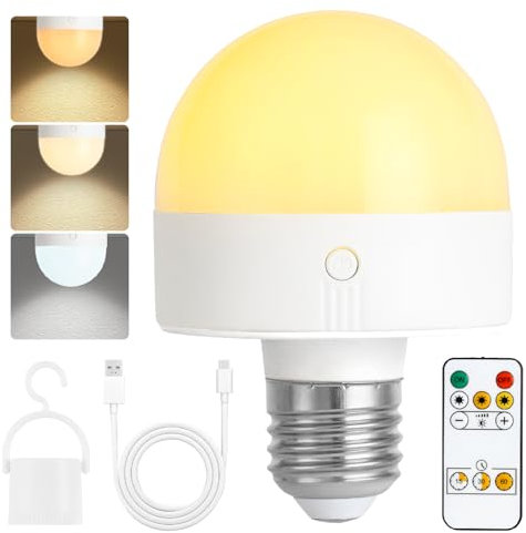 Lampadina ricaricabile con timer e telecomando, lampadine a batteria dimmerabili con base magnetica, lampadina LED di ricarica rimovibile E27/E26, lampade non cablate con 3 temperature di colore