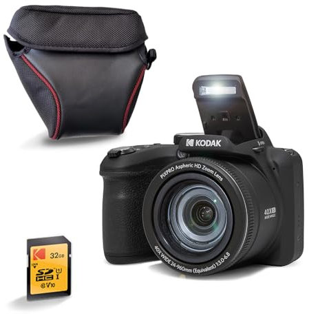 KODAK Pixpro AZ405 Bridge 20MP, Zoom X40, gran angular de 24 mm, Full HD 1080p, OIS, LCD de 3 pulgadas, funda + tarjeta SDHC 32 GB U1, pila AA - Negro