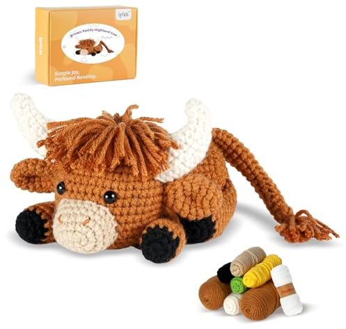 iptek Crochet Kit for Beginners, Learn to Crochet, Include Easy Knitting Soft Yarn, Step-by-Step Video Tutorial, Hook, Holiday Birthday Gift for Adults and Kids(Highland Cow)