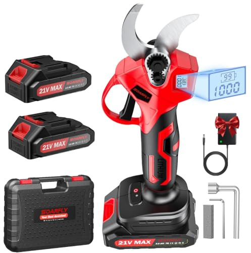 SOARFLY Tijeras de Podar Electricas Inalámbricas, Motor Brushless 450W, Corte Ajustable 35 mm, 2 Baterías 21V 2000mAh, Pantalla LCD, Tijeras de Poda para Árboles Frutales y Jardín, Rojo