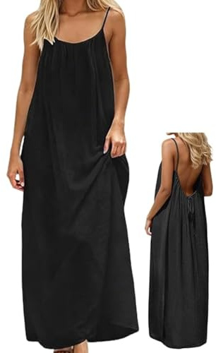 SEDEX Robe Femme Longue Dos Nu Bretelles Spaghetti - Robe d'Été Bohème Décontractée sans Manches Maxi Plage Vacances Casual Légère Ample Col Rond