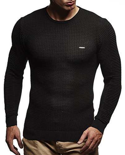 Leif Nelson suéter de Jersey de Punto Fino de Cuello Redondo de los Hombres de LN-1545 Negro Medium