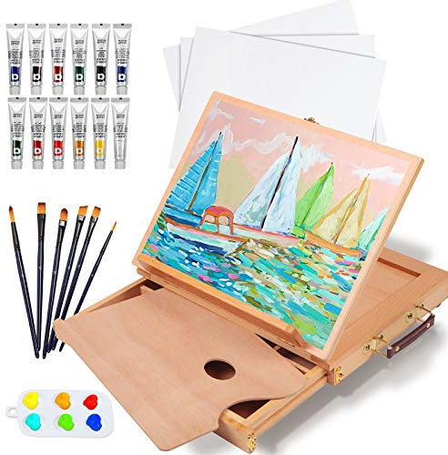 Falling in Art Buchenholz Tischstaffelei Set mit 12 Röhren Acrylfarben, Leinwand Paneele, Pinsel, Palette - 29 Stück Acryl Künstler Malerei Werkzeuge Kit für Erwachsene, Anfänger, Kinder