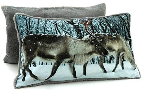heimtexland ® Kissenhülle Rentiere 30x50 cm mit Teddy-Plüsch - hochauflösender Digital-Fotodruck auf samtig weichem Velour Kissen Hüttenstil Waldtiere Dekokissen Typ587