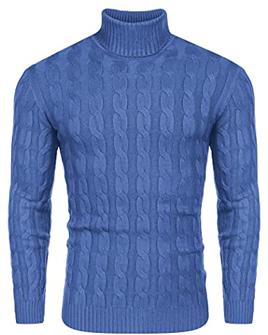 COOFANDY Pull Homme Sweat Uni en Maille Fine Côtelée Basique Pulls Col Roulé Régulière Fit Bleu Marine M