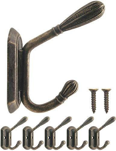 Fuxxer Klassische Garderoben-Haken, Doppel-Haken, Antik Design, 6x5cm, 5er Set, bronze