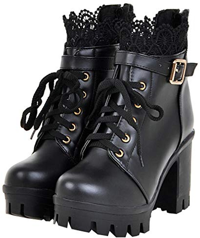 Parisuit Womens Chunky Platform Ankle Boots High Heel Lace Up Boots Sweet Lace Back Zipper Shoes-black size 10