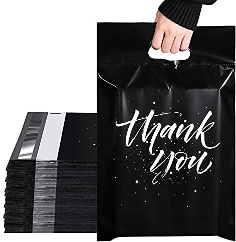 Switory Fraktpåsar 262 x 330 mm (10,3 x 13 tum), 100 st., kuvert med handtag, förpackningspåse för kläder, självhäftande, lätt att bära, vattentät och stark, svart (thank you)