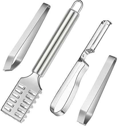 4 Stücke Fisch Scaler Entferner Set, Fisch Pinzette für Fisch Knochen, Schälmesser und Detailpinzette, Fischschuppenmaschine Edelstahl Fischschuppenhobel,für Koch Kochgeschirr, Meeresfrüchte, Geflügel