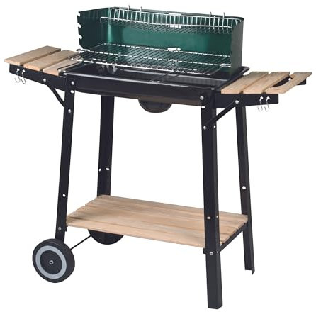 aro Holzkohle Grillwagen, Stahl/Holz, 2 Grillroste und 2 Seitenablagen, Holzgriffen, mit 2 Räder, Windschutz, grün (grün)