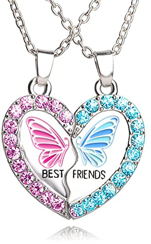 MJartoria BFF Necklace for 2, Best Friend Necklaces Cute Design Valentines Day Gifts Matching Heart Pendant Friendship Necklaces (Pink+Blue, Cute Butterfly)