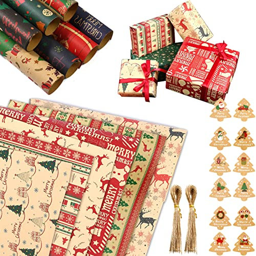Geschenkpapier Weihnachten, 12 Rollen Kraft Geschenkpapier Weihnachten 70x50 CM Recycling Weihnachtspapier mit 12 Weihnachtskarten Anhänger und 2X10 Meter Baumwollseil