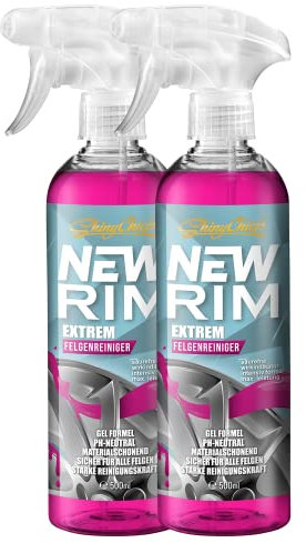 ShinyChiefs NEWRIM EXTREM - Felgenreiniger Sprühflasche pH-neutral mit extremer Lösekraft, gelartiger Kraftreiniger für alle Felgen - selbstständige Felgen-Aktivreinigung, Farbwechsel, rot,2x500ml