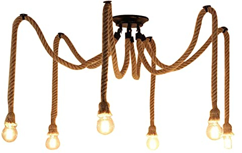 Lámpara de araña industrial retro de cuerda de cáñamo, lámpara colgante Hemp Rope Light con 1/3/6 luces, cuerda de cáñamo DIY vintage colgante con portalámparas E27, para sala de estar