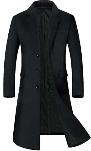 YOUTHUP Mens Winter Coat Slim Fit Wool Overcoat Knee-Length Elegant Trench Coat Business Peacoat, Black-Thick, XL