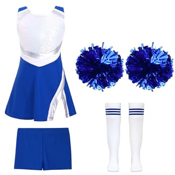 YEAHDOR Kids Girls Cheer Leader Uniform Cheerleading Outfit Halloween Carnival Festival Sports Games Costume 4pcs Royal Blue A 8 Years