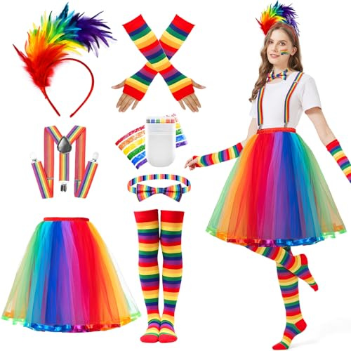 JONRRYIN Tutu Arc-en-Ciel Femme avec Coiffure en Plumes Colorées, Jupe en Tulle pour Ballet avec Gants, Chaussettes pour Festivals