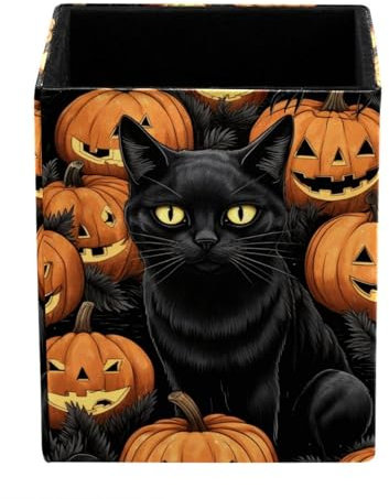 HOHODIY Runder kreativer Stifthalter, Katzen-Halloween-Schreibtisch-Organizer, Gadget-Schreibwaren-Aufbewahrungsbox, Büro-Leder-Organizer